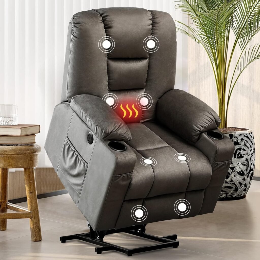 SENYUN Power Lift Recliner Chair for Elderly, Massage Lift Recliner with Heat  Vibration, Fabric Electric Lift Reclining Chairs for Home Living Room (Dark Brown)