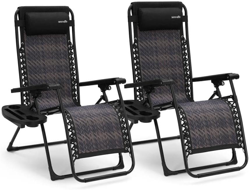 SereneLife Foldable Outdoor Zero Gravity Lawn Chair, Adjustable Rattan Recliners, w/Removable Padded Headrest Pillows and Cup Holder Side Tables, Set of 2, One Size