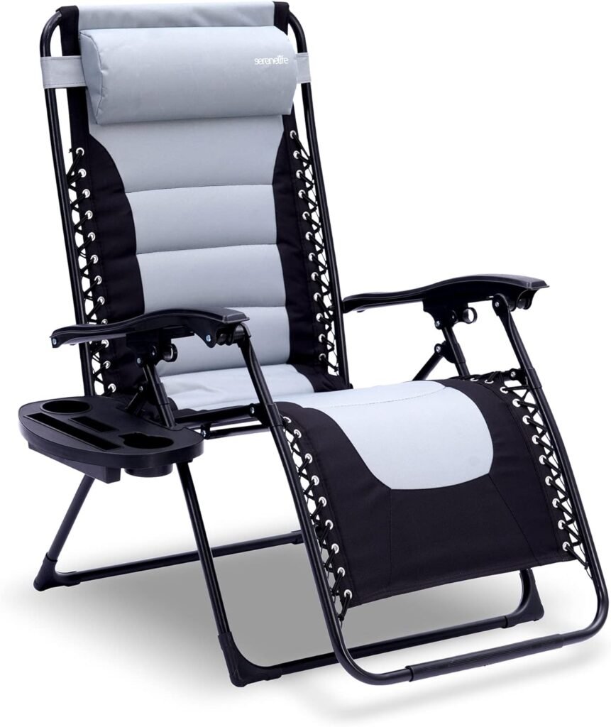 SereneLife, Gray and Black Foldable Outdoor Zero Gravity Padded Lawn Chair, Adjustable Steel Mesh Recliners, w/Removable Pillows and Cup Holder Side Tables, One Size