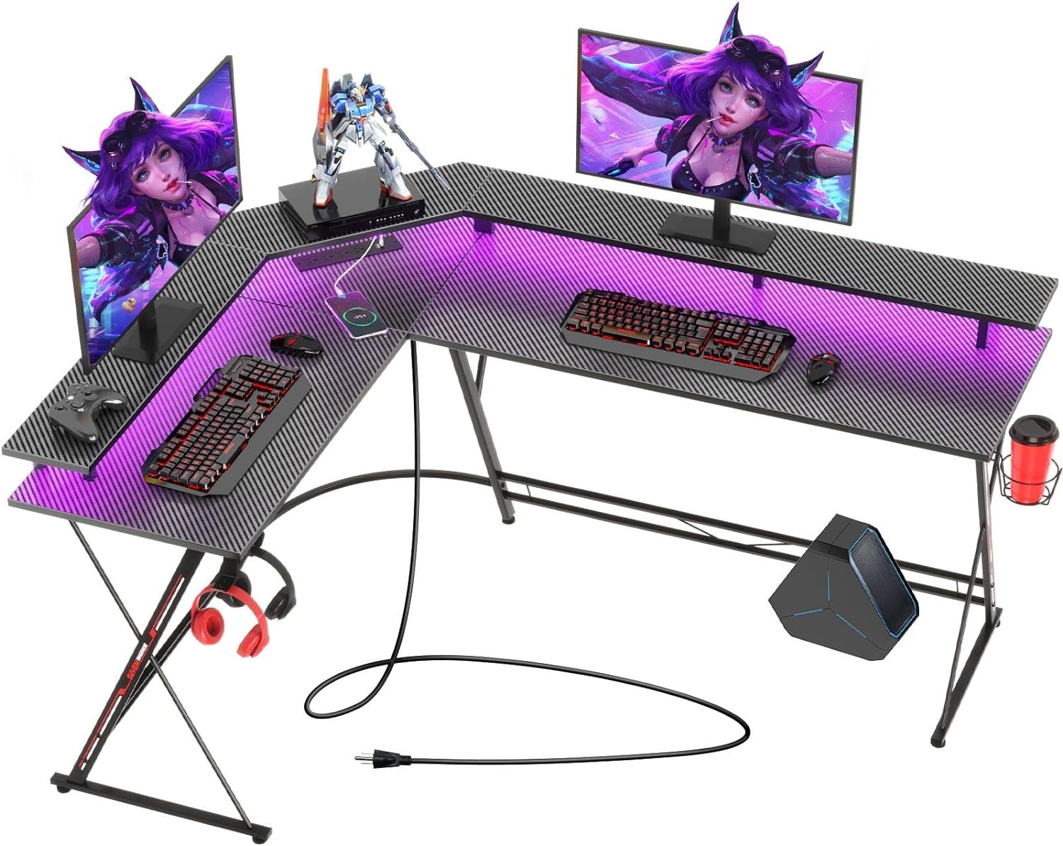 SEVEN WARRIOR L Shaped Gaming Desk with LED Lights  Power Outlets, 50.4” Computer Desk with Monitor Stand  Carbon Fiber Surface, Corner Desk with Cup Holder, Gaming Table with Hooks, Black