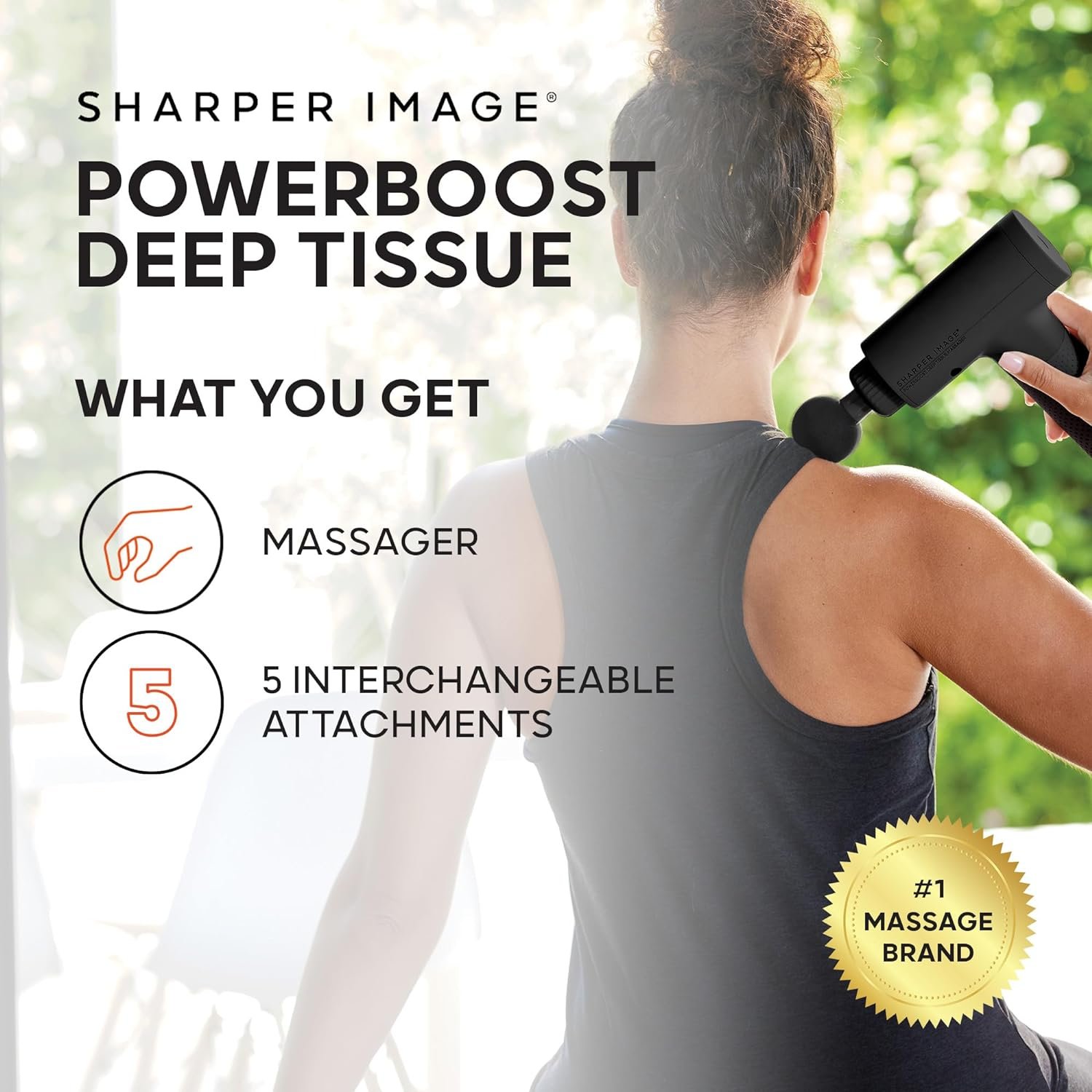 Sharper Image® Powerboost® Deep Tissue Percussion Massager Version 3.0, Massage Gun w/ 5 Attachments, 6 Speed Settings, Whisper Quiet Operation, Ergonomic Rubber Grip Handle, Full Body Recovery