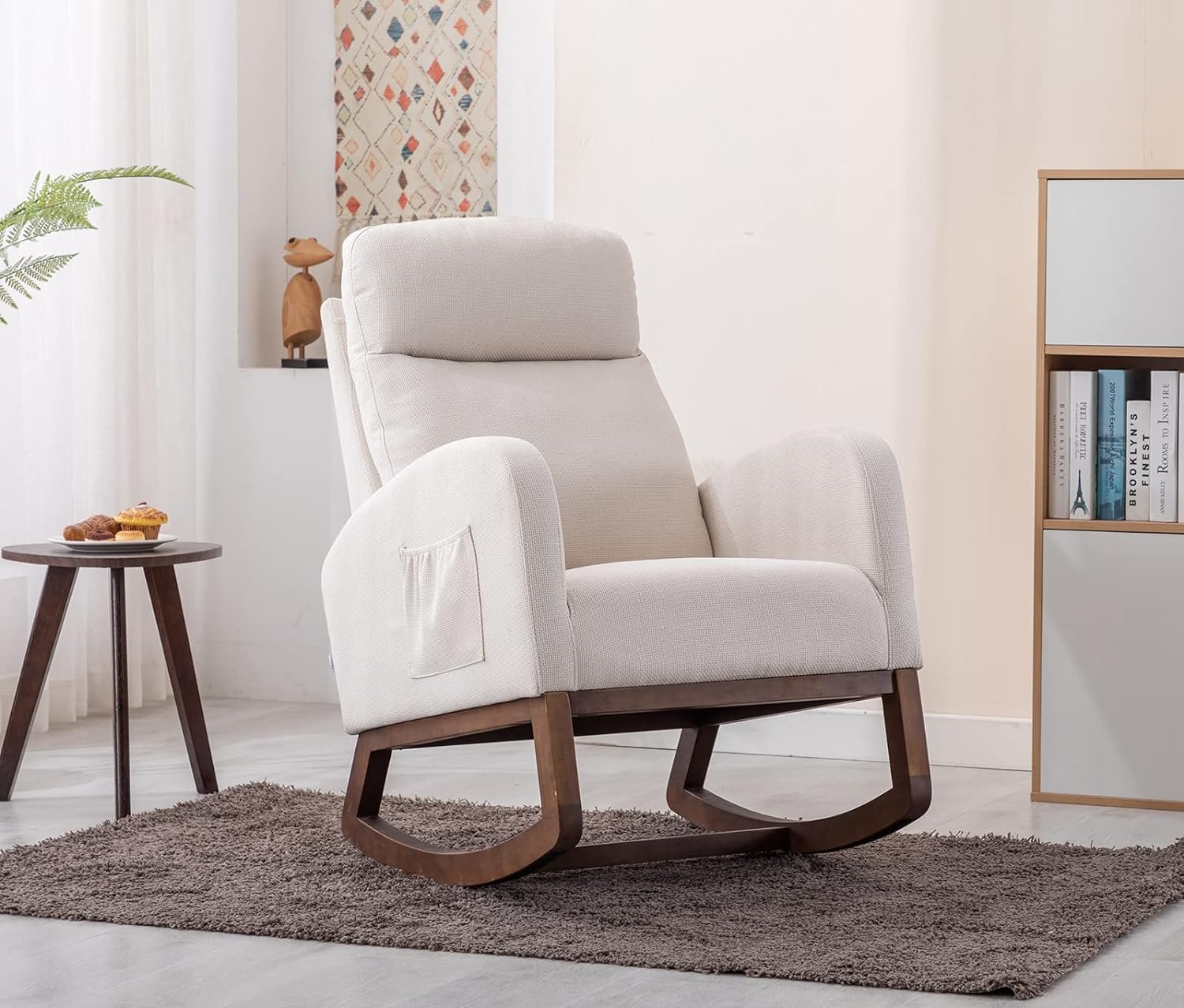 SmartDer Comfy Rocking Chair Nursery, Padded Rocking Chair with A Pocket, Accent Armchair with Headrest and Solid Wood Base, Modern Lounge Living Room Chair for Nursery, Beige-with Headrest