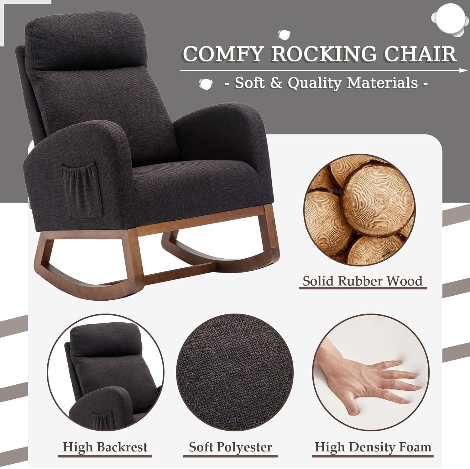 SmartDer Comfy Rocking Chair Nursery, Padded Rocking Chair with A Pocket, Accent Armchair with Headrest and Solid Wood Base, Modern Lounge Living Room Chair for Nursery, Beige-with Headrest