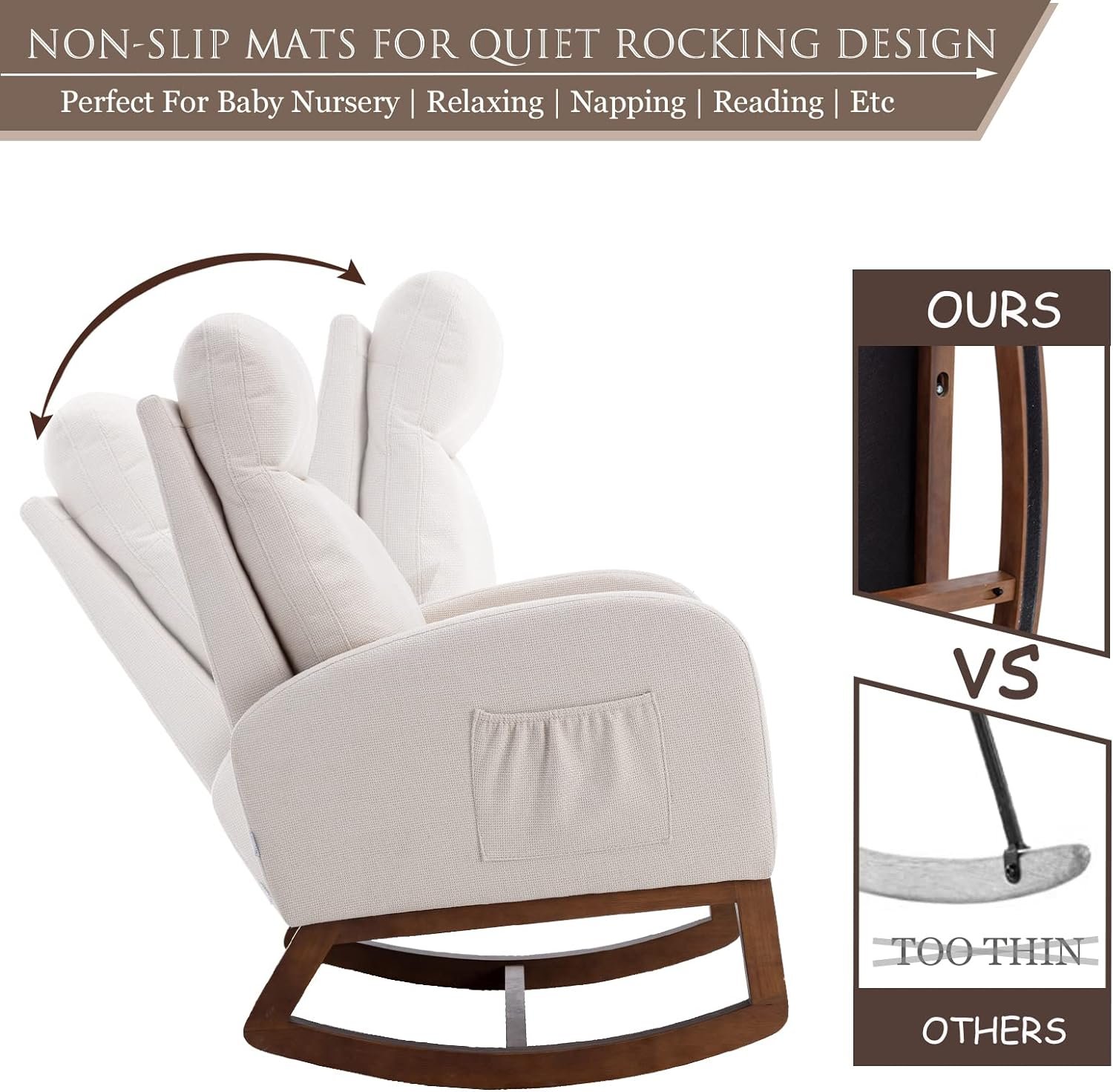 SmartDer Comfy Rocking Chair Nursery, Padded Rocking Chair with A Pocket, Accent Armchair with Headrest and Solid Wood Base, Modern Lounge Living Room Chair for Nursery, Beige-with Headrest