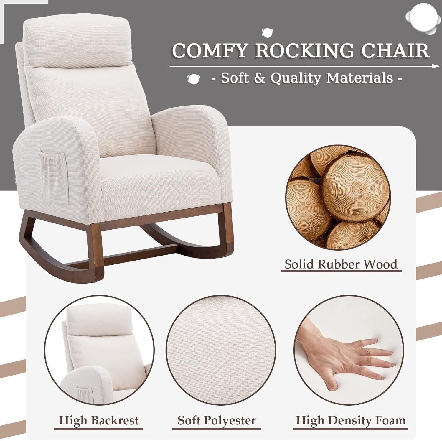 SmartDer Comfy Rocking Chair Nursery, Padded Rocking Chair with A Pocket, Accent Armchair with Headrest and Solid Wood Base, Modern Lounge Living Room Chair for Nursery, Beige-with Headrest