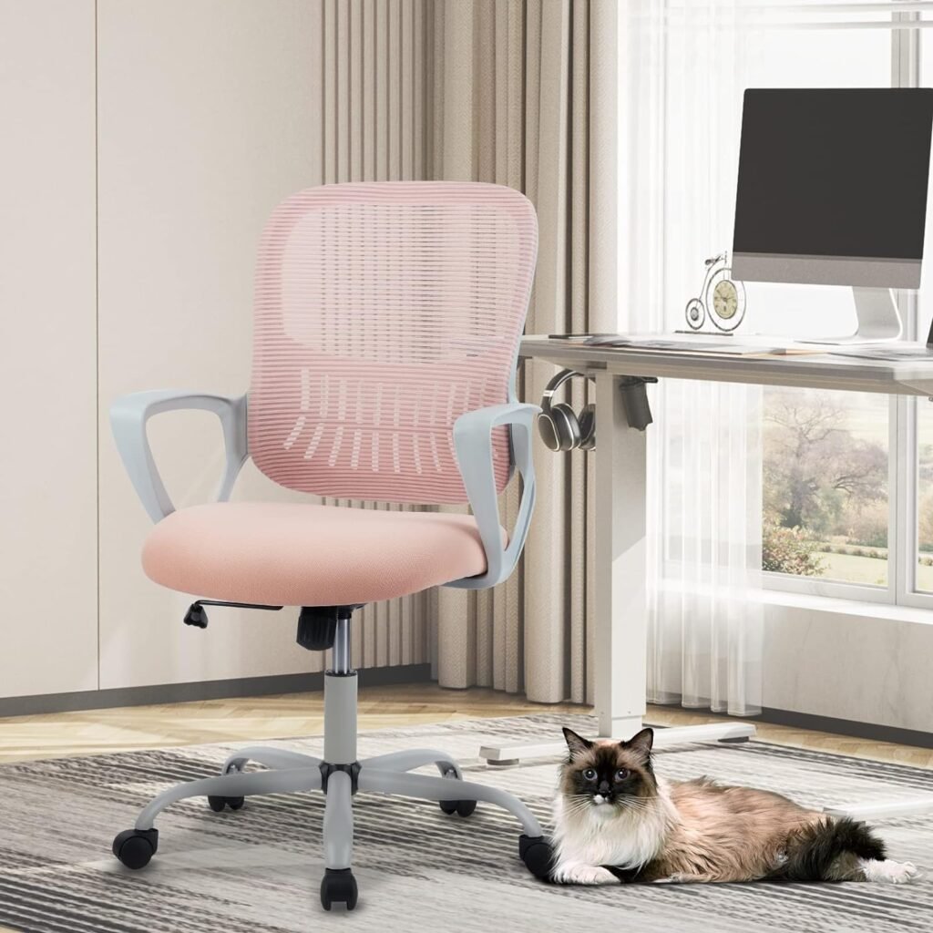 SMUG Office Computer Desk Chair, Ergonomic Mid-Back Mesh Rolling Work Swivel Task Chairs with Wheels, Comfortable Lumbar Support, Comfy Arms for Home, Bedroom, Study, Dorm, Student, Adults, Black