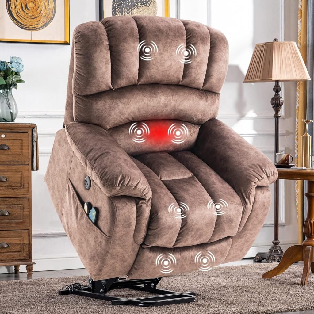 SOCIALCOMFY Large Electric Power Lift Recliner Chair for Elderly Big People, Heated Massage Motorized Reclining Sofa, Wide Soft Fabric Recliners with 2 Remote Controls, Side Pockets  USB Ports, Brown