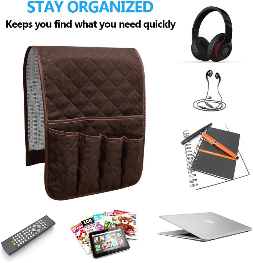 Sofa Armrest Organizer Non-Slip Arm Chair Bedside Caddy Storage Organizer for Recliner Couch with 5 Pockets for Cell Phone TV Remote Control Magazines(Coffee)