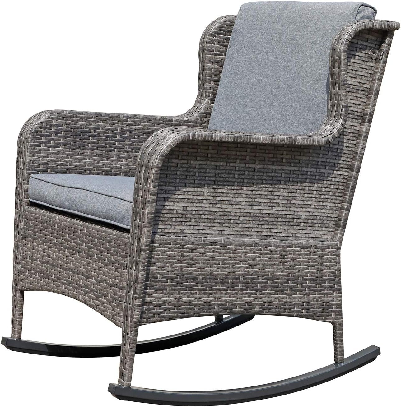 Soleil Jardin Outdoor Resin Wicker Rocking Chair with Cushions, Patio Yard Furniture Club Rocker Chair, Gray Wicker  Gray Cushions