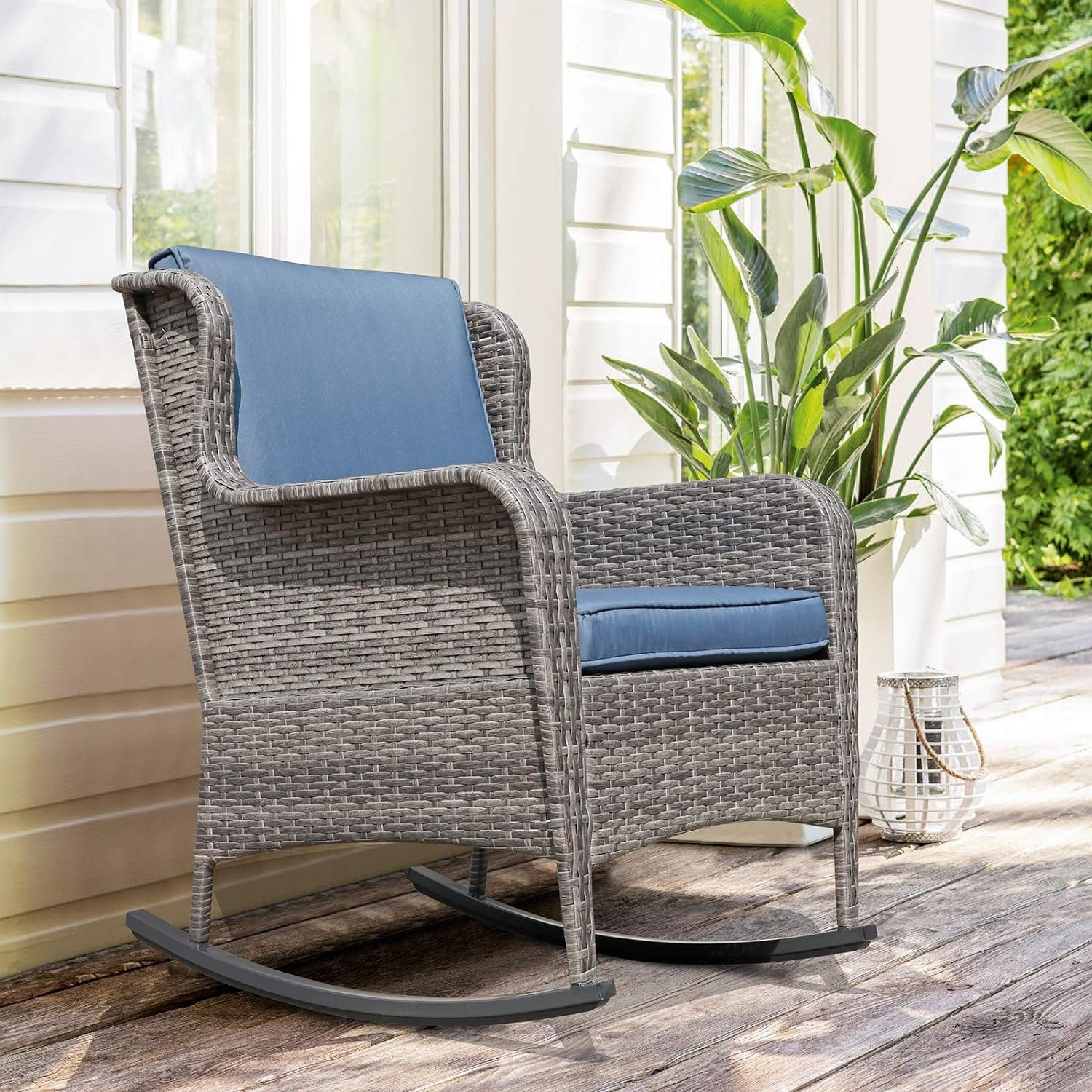 Soleil Jardin Outdoor Resin Wicker Rocking Chair with Cushions, Patio Yard Furniture Club Rocker Chair, Gray Wicker  Gray Cushions