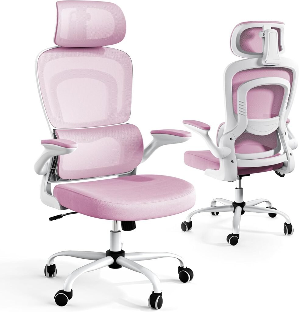 SOMEET Ergonomic Mesh Office Chair with Lumbar Support, High Back Office Chair with Flip-up Arms, Mesh Computer Gaming Chairs with Adjustable Headrest, Ergonomic Chair for Home Office Work, Pink