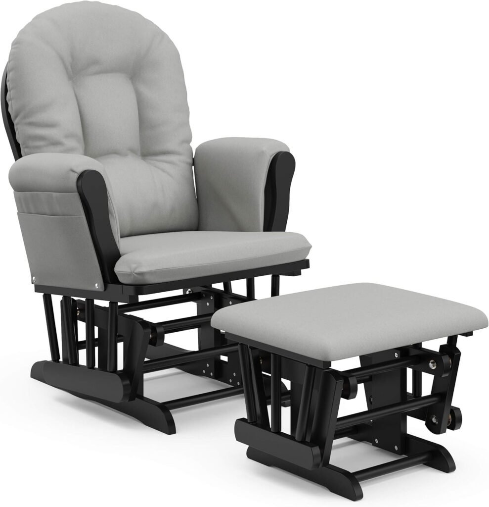 Storkcraft Premium Hoop Glider and Ottoman Padded Cushions with Storage Pocket, Smooth Rocking Motion, Easy to Assemble, Solid Hardwood Base, Black/Light Gray