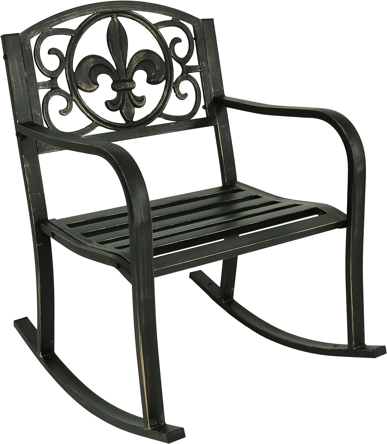 Sunnydaze Fleur-de-Lis Cast Iron and Steel Patio Rocking Chair - 275-Pound Weight Capacity - Black