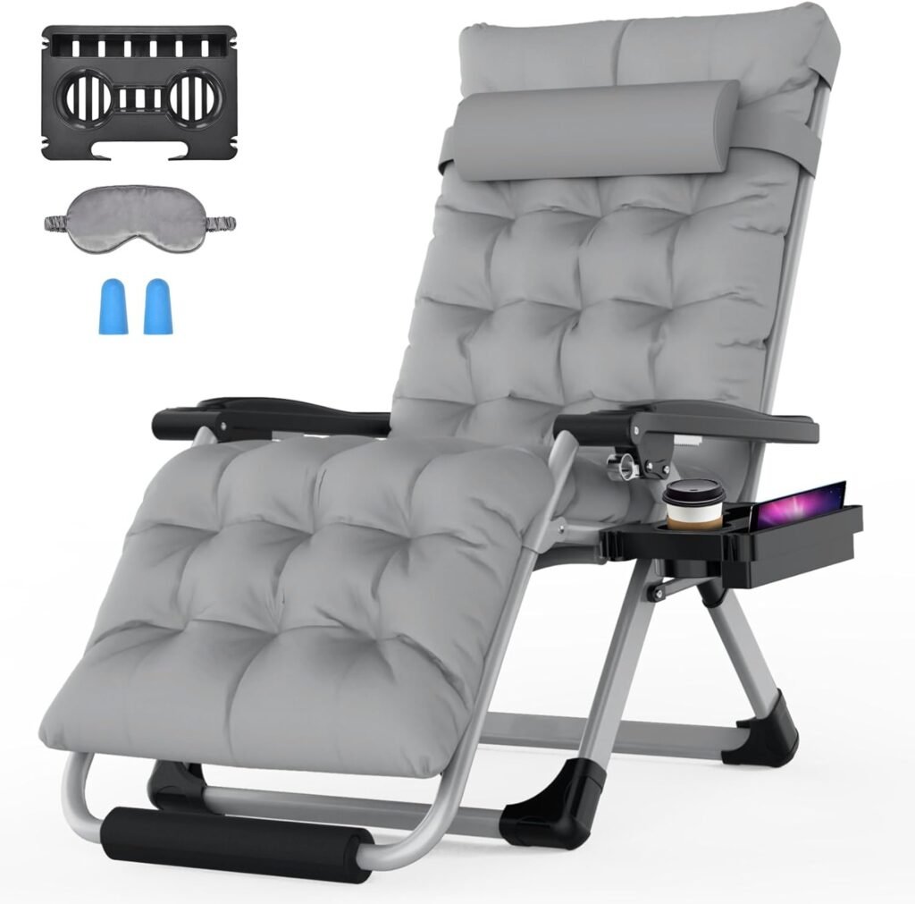 Suteck Zero Gravity Chair 26In L Reclining Camping Chair w/Removable Cushion, Outdoor Lounge Chairs Patio Recliner with Large Cup Holder, Footrest, and Padded Headrest, Support 500LBS, Grey