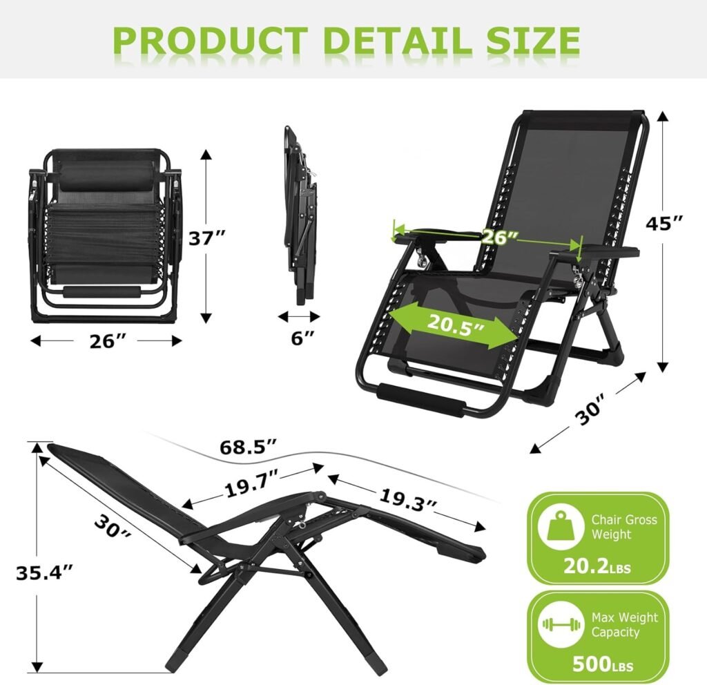 Suteck Zero Gravity Chair 26In L Reclining Camping Chair w/Removable Cushion, Outdoor Lounge Chairs Patio Recliner with Large Cup Holder, Footrest, and Padded Headrest, Support 500LBS, Grey