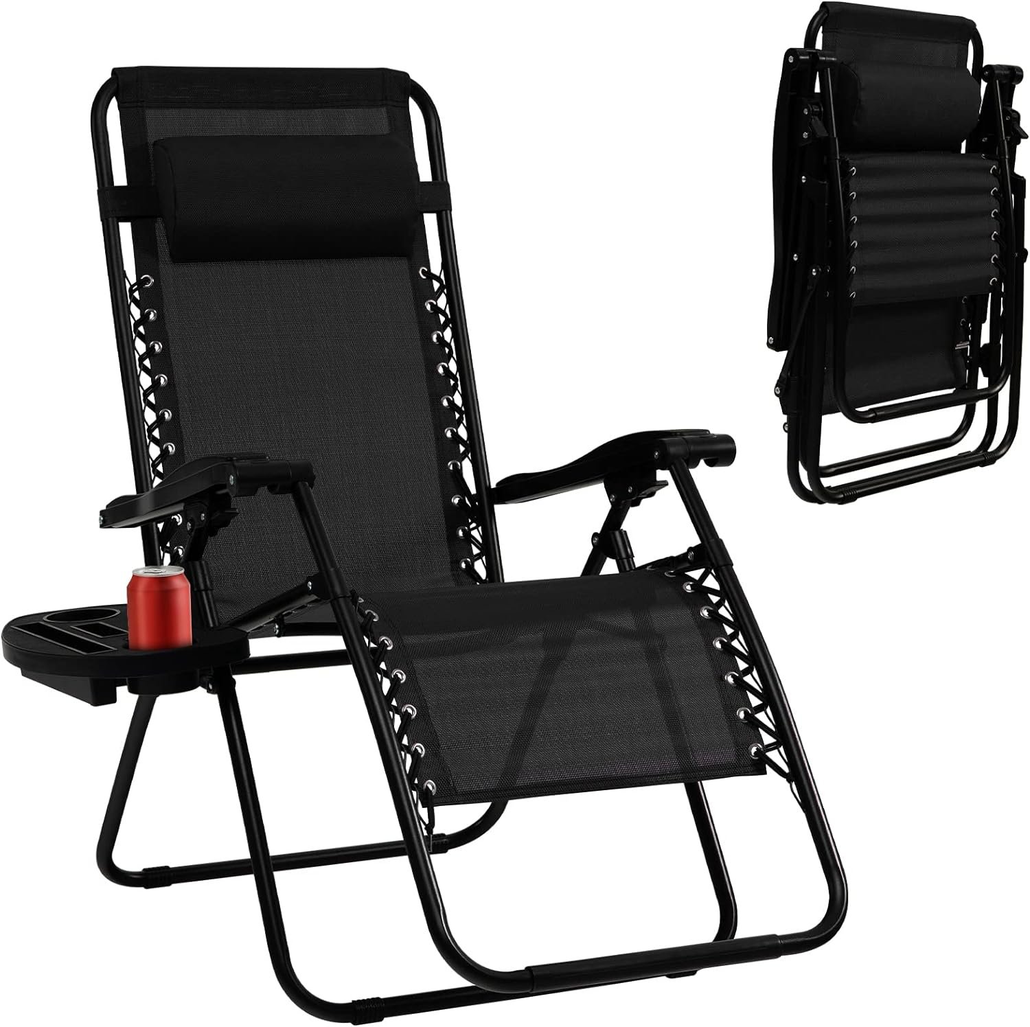 Tangkula Zero Gravity Chair, Folding Patio Lounge Chair Adjustable Outdoor Recliner with Cup Holder, Wide Armrest for Patio Garden Poolside Outdoor Yard Beach, Support 350 lbs (1, Black)