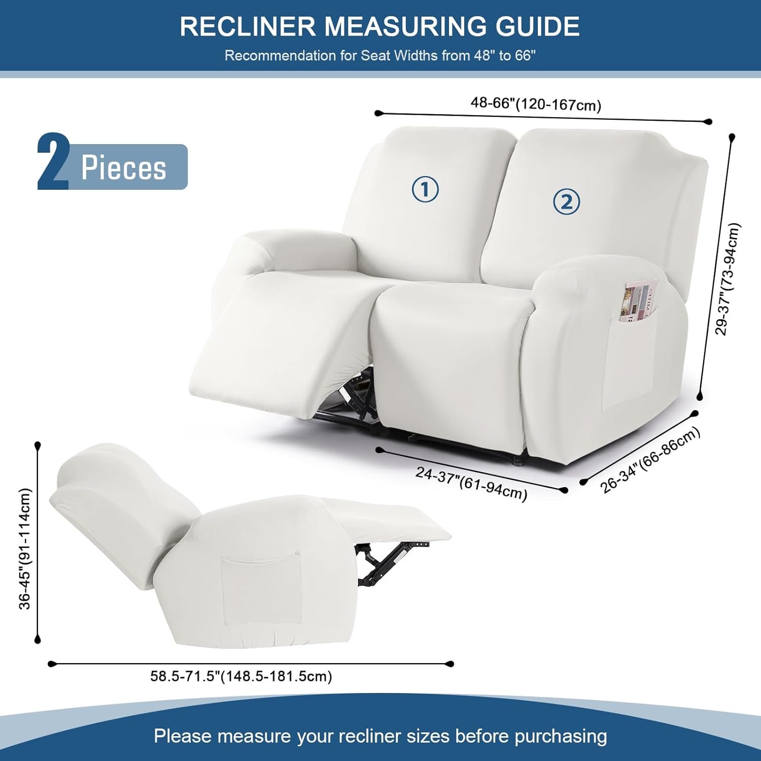 TAOCOCO Recliner Sofa Slipcover, 3 Pieces Polyester Fabric Stretch Sofa Covers for 3 Seat Reclining Couch, Soft Washable Furniture Protector with Pockets (3 Seat, Milk White)