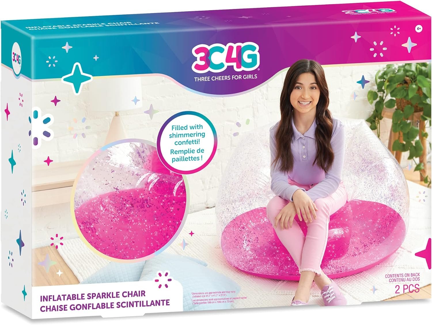 Three Cheers for Girls by Make It Real - Pink Glitter Confetti Chairs - Inflatable Lounge Chair for Kids - Comfortable  Portable Blow Up Chair Perfect for Outdoors, Bedrooms, Game Room, Dorms  More!