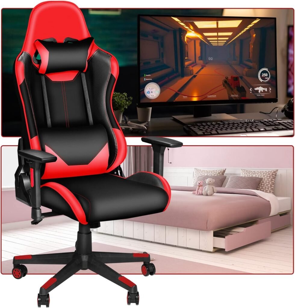 Toszn Gaming Chair, High-Back PU Leather Office Chair with Headrest and Adjustable Lumbar Support,Ergonomic Computer Swivel Chair for Teens and Adults Red