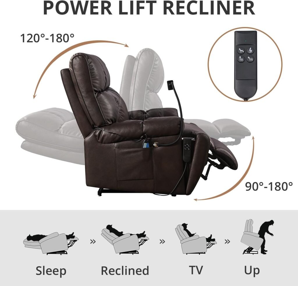 TRIPLE TREE 180° Lay Flat Power Recliner Chair for Elderly,Electric Power Lift Recliner Chair with Massage and Heat Up to 300LBS,Breathable Leather Recliner Chair with 3 Positions,Brown