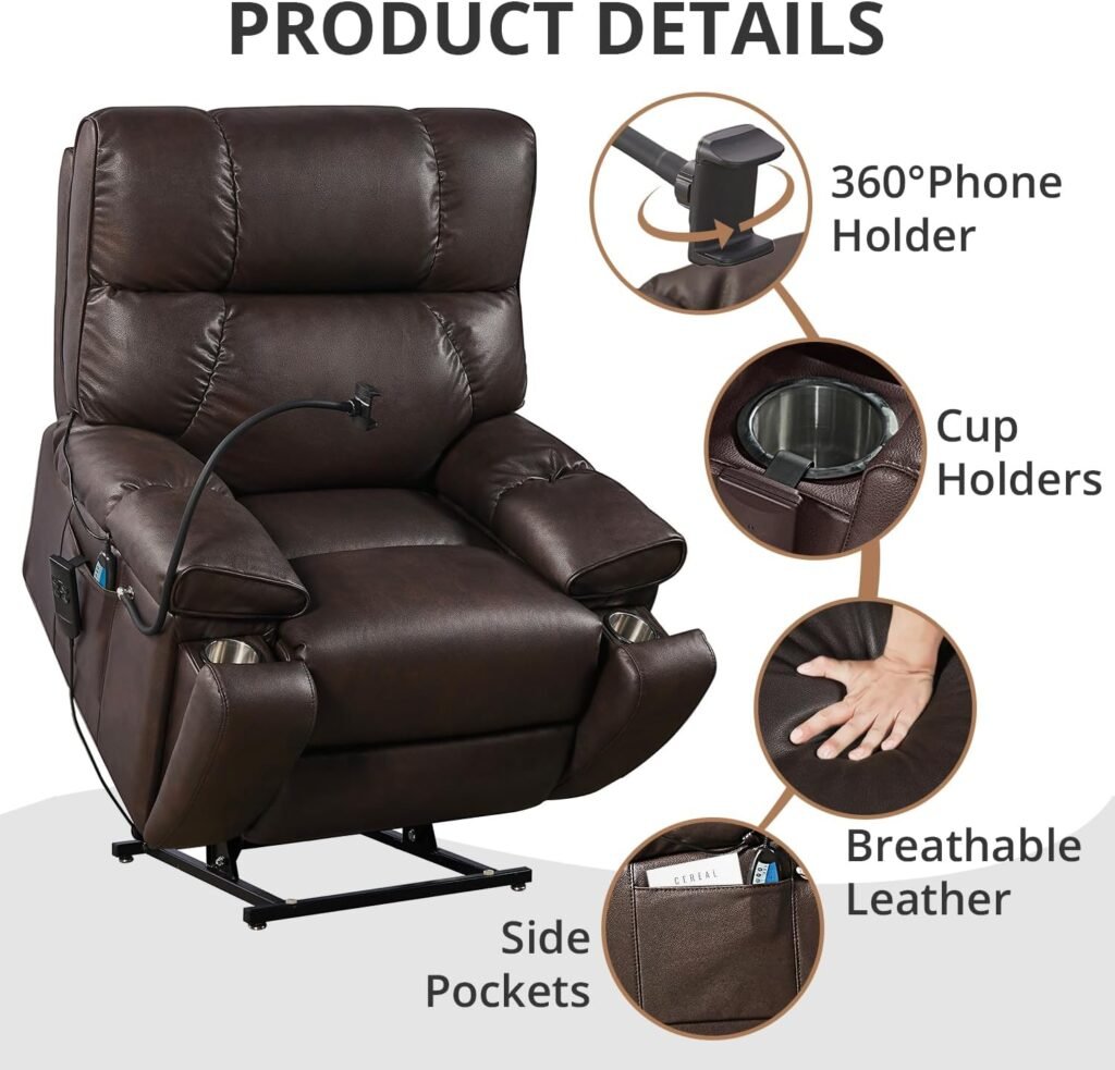 TRIPLE TREE 180° Lay Flat Power Recliner Chair for Elderly,Electric Power Lift Recliner Chair with Massage and Heat Up to 300LBS,Breathable Leather Recliner Chair with 3 Positions,Brown