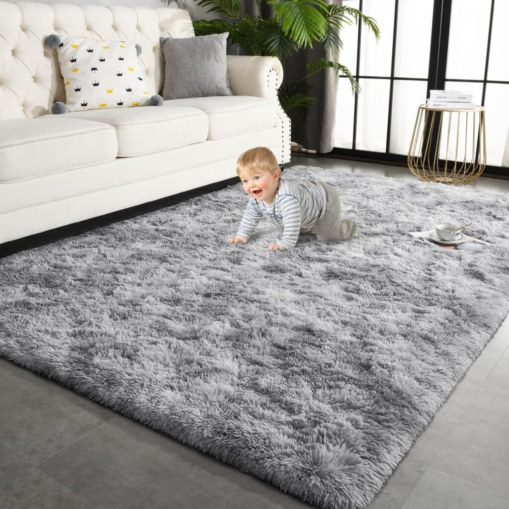 TWINNIS 5x8 Large Shag Area Rugs for Living Room Bedroom, Tie-Dye Light Grey Indoor Super Soft Fuzzy Plush Rugs, Upgrade Anti-Skid Modern Rugs Fluffy Carpets for Kids Room Nursery Home Decor