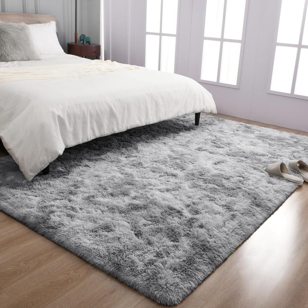 TWINNIS 5x8 Large Shag Area Rugs for Living Room Bedroom, Tie-Dye Light Grey Indoor Super Soft Fuzzy Plush Rugs, Upgrade Anti-Skid Modern Rugs Fluffy Carpets for Kids Room Nursery Home Decor