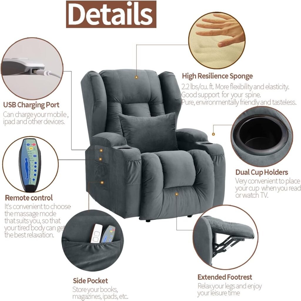 URRED Power Lift Recliner Chair Electric Recliners for Elderly with Massage and Heat Vibration Recliners Chair for Living Room Fabric Recliner Chair with Cup Holder USB Charging Port (A-Gray Blue)