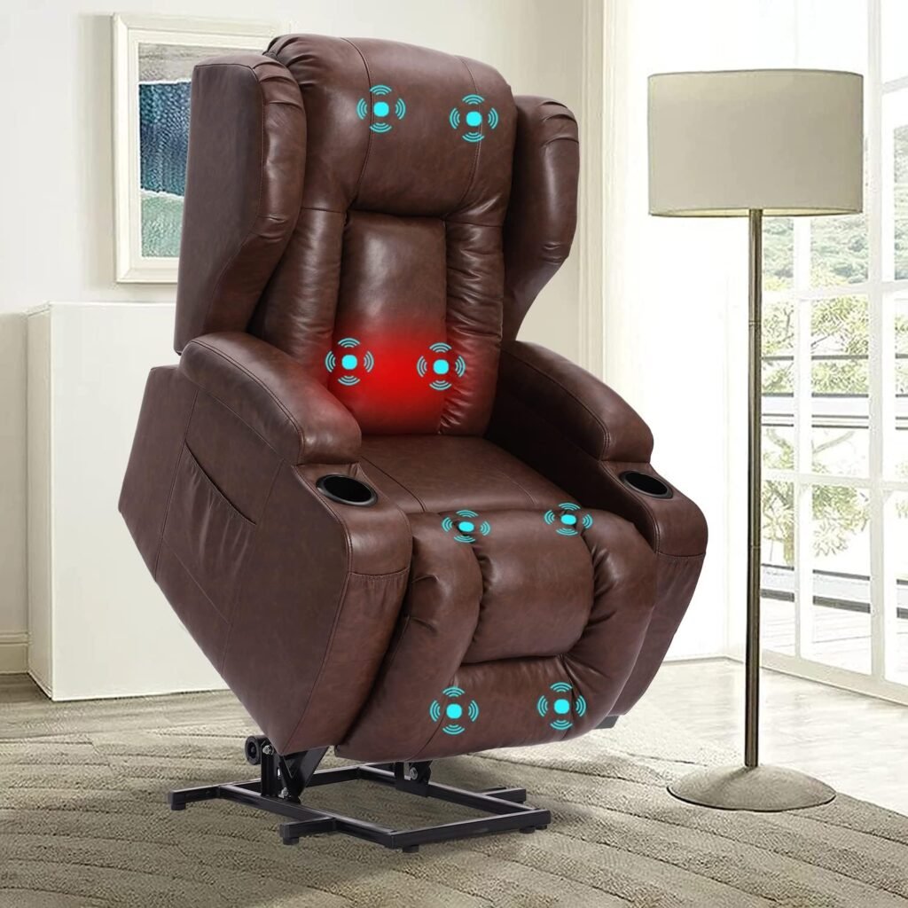 URRED Recliner Chair,PU Leather Power Lift Recliner with Heat  Massage,Ergonomic Lounge Chair Classic Single Lazy Boy Sofa with 2 Cup Holders,Lumbar Pillow,Side Pockets,USB Ports(Brown)