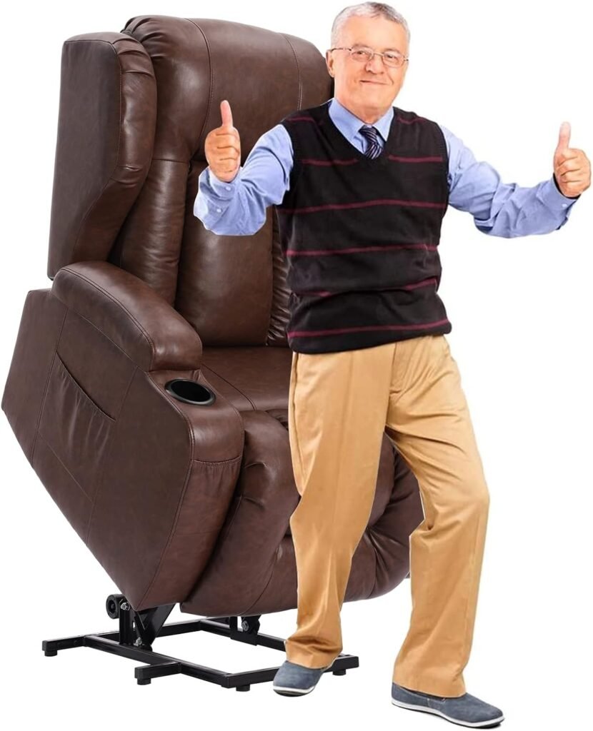 URRED Recliner Chair,PU Leather Power Lift Recliner with Heat  Massage,Ergonomic Lounge Chair Classic Single Lazy Boy Sofa with 2 Cup Holders,Lumbar Pillow,Side Pockets,USB Ports(Brown)