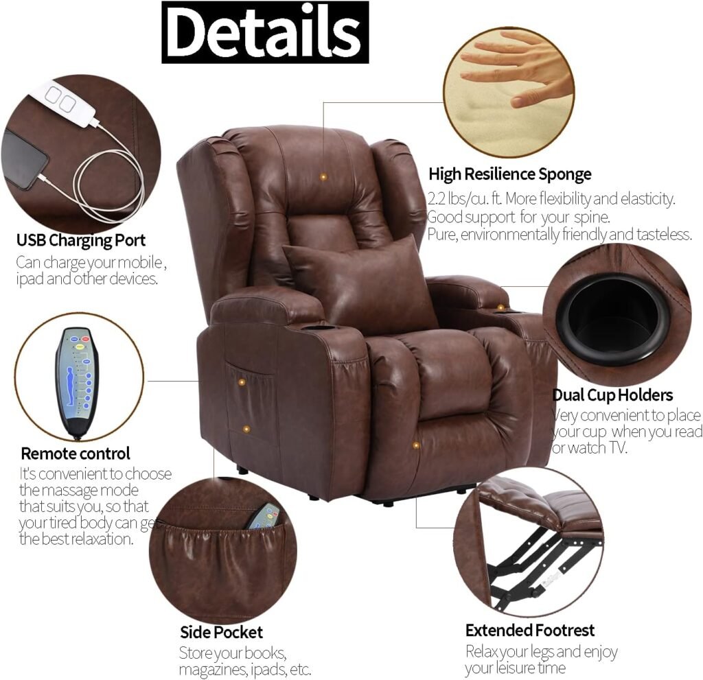 URRED Recliner Chair,PU Leather Power Lift Recliner with Heat  Massage,Ergonomic Lounge Chair Classic Single Lazy Boy Sofa with 2 Cup Holders,Lumbar Pillow,Side Pockets,USB Ports(Brown)