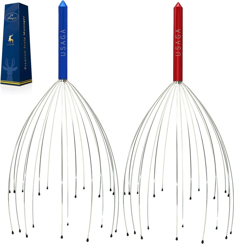 USAGA Head Scratcher, 20 Fingers Scalp Massager, Head Whisk Massager, Stocking Stuffers for Head Body Stress Relax [2-Pack] Updated Version (Red  Blue)