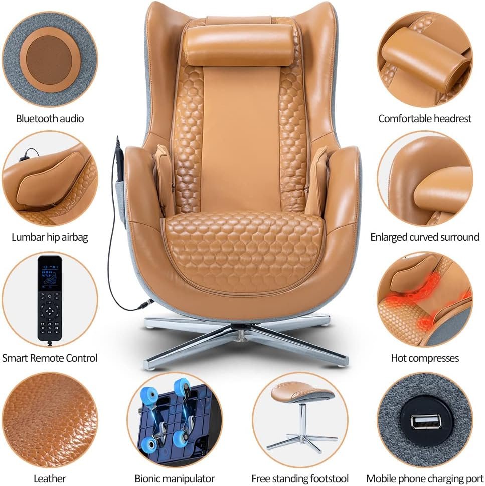 UUOF Massage Chair Full Body Recliner - Zero Gravity Genuine Leather Lounge Chair with Heat and Shiatsu Massage Office Chair Sl Track Intelligent Body Detection Bluetooth Speaker Airbags (Caramel)