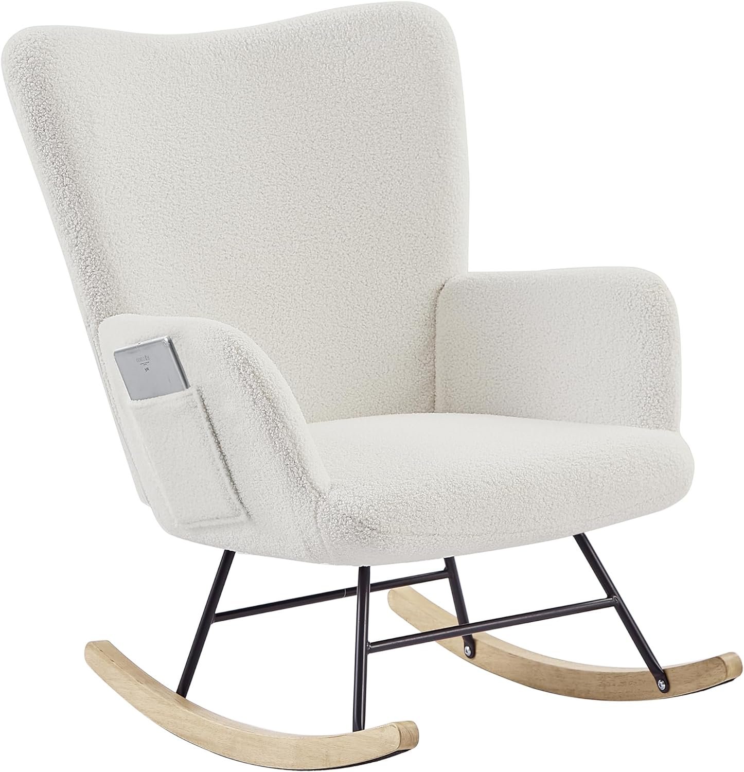 VECELO Rocking Chair, Upholstered Glider Rocker for Nursery Comfy Armchair with Safe Solid Wood Base/USB Port/Side Pocket for Living Room Bedroom Balcony Home Office, White