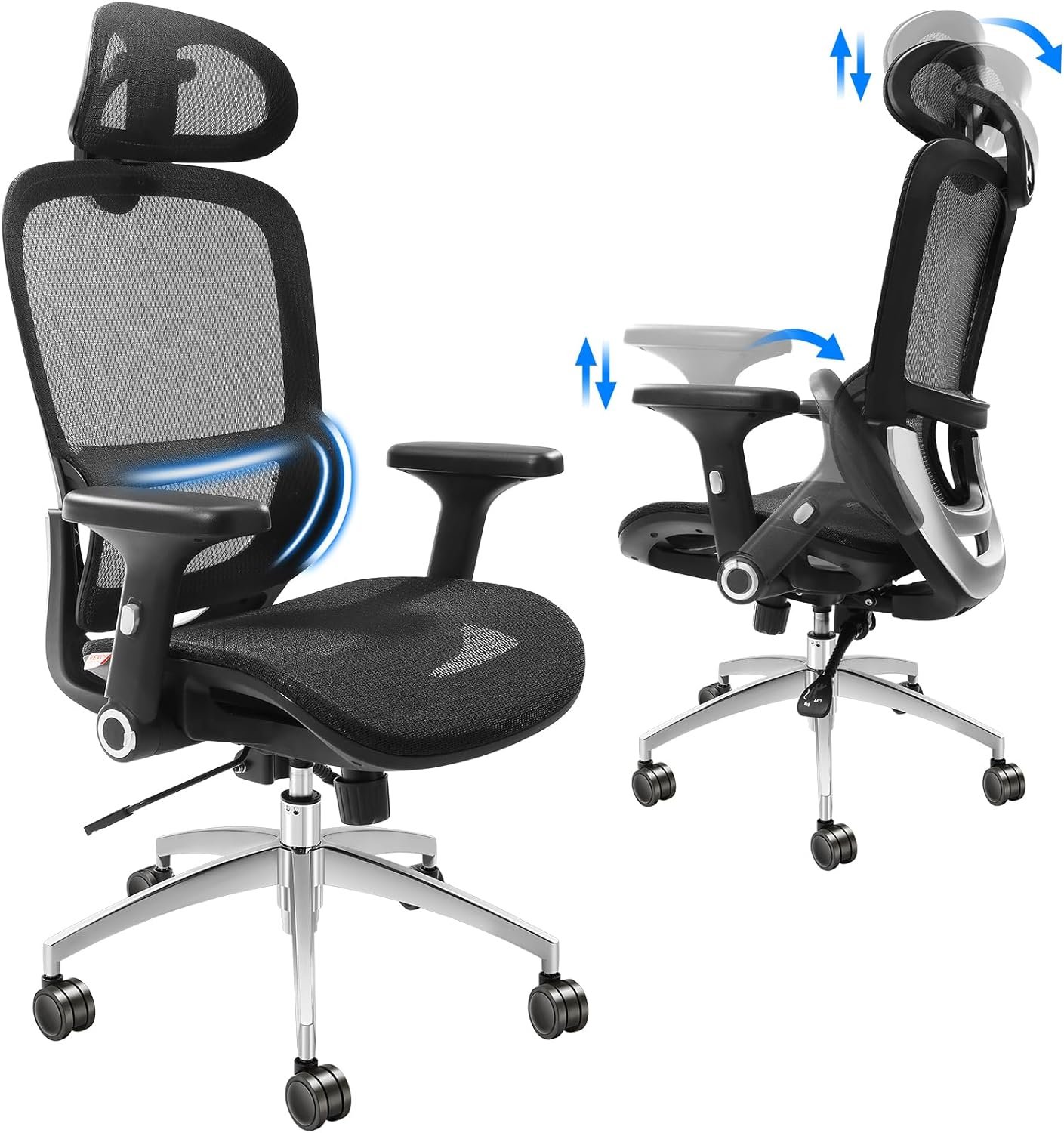 VEVOR Mesh Office Chair, Adjustable High Back Desk Chair with Mesh Seat, Angle and Height Adjustable Home Office Chair with Lumbar and Head Support, Swivel Computer Task Chair