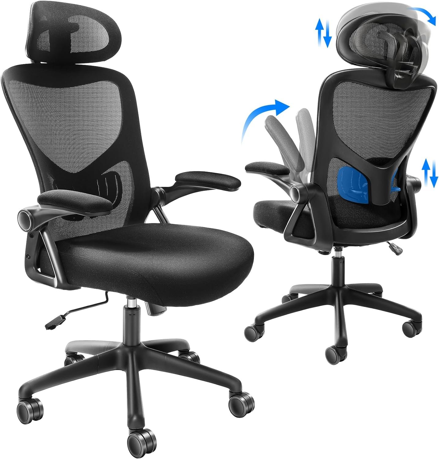 VEVOR Mesh Office Chair, Adjustable High Back Desk Chair with Mesh Seat, Angle and Height Adjustable Home Office Chair with Lumbar and Head Support, Swivel Computer Task Chair