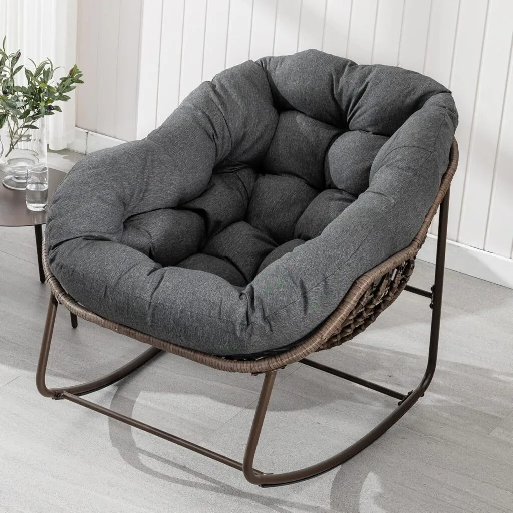 Villeston Outdoor Papasan Rocking Chair - Oversized Comfy Patio Chair Indoor Egg Royal Rattan Rocking Chair with Cushion for Front Porch Lounge Lawn Bedroom Living Room (Grey) Villeston Outdoor Papasan Rocking Chair - Oversized Comfy Patio Chair Indoor Egg Royal Rattan Rocking Chair with Cushion for Front Porch Lounge Lawn Bedroom Living Room (Grey)