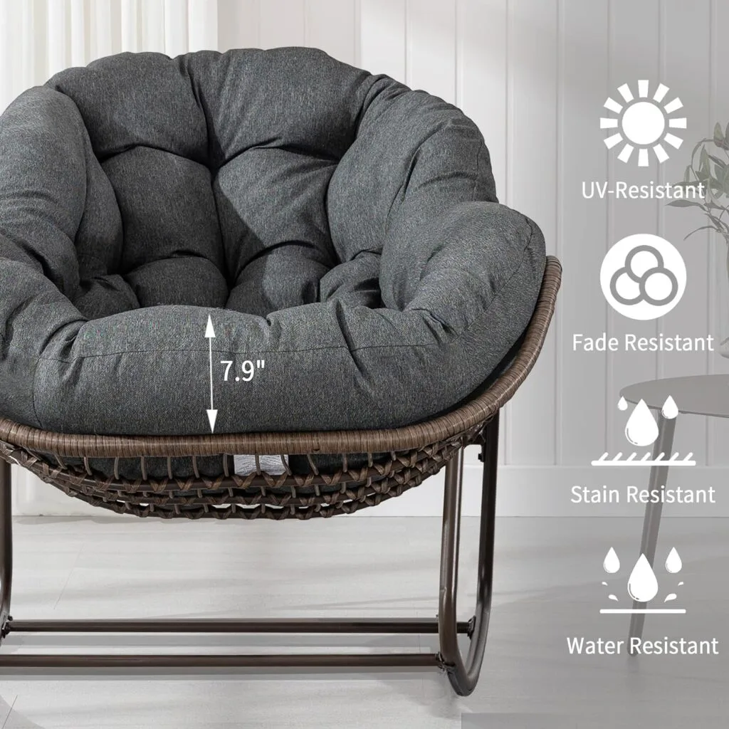 Villeston Outdoor Papasan Rocking Chair - Oversized Comfy Patio Chair Indoor Egg Royal Rattan Rocking Chair with Cushion for Front Porch Lounge Lawn Bedroom Living Room (Grey) Villeston Outdoor Papasan Rocking Chair - Oversized Comfy Patio Chair Indoor Egg Royal Rattan Rocking Chair with Cushion for Front Porch Lounge Lawn Bedroom Living Room (Grey)