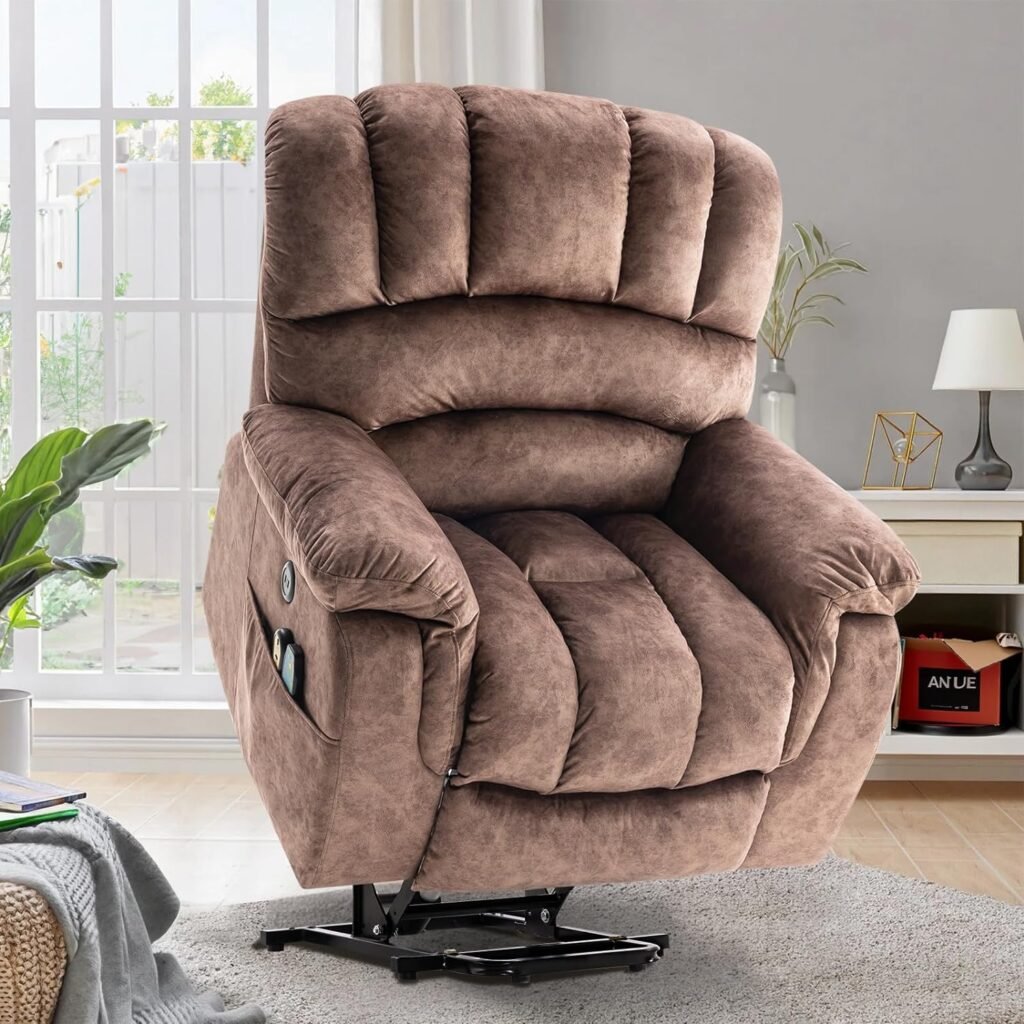 VIVIJASON Large Electric Power Lift Recliner Chair with Heat  Massage for Elderly People, Heavy Duty and Safety Motion Overstuffed Recliners with 2 Remote Controls, Side Pockets  USB Ports, Brown