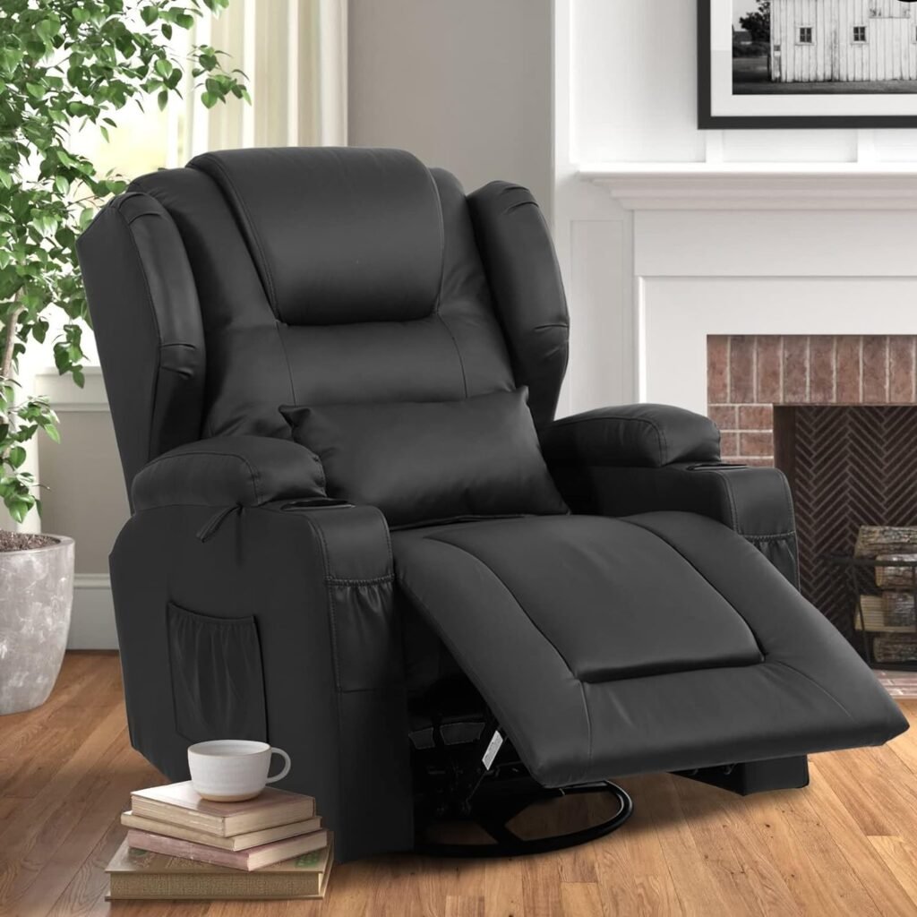 VUYUYU Manual Recliner Chair, Faux Leather 360 Degree Swivel Rocker Recliner Chairs for Living Room, Home Theater Single Sofa Seat with Drink Holders/Lumbar Pillow/Side Pockets (Black)