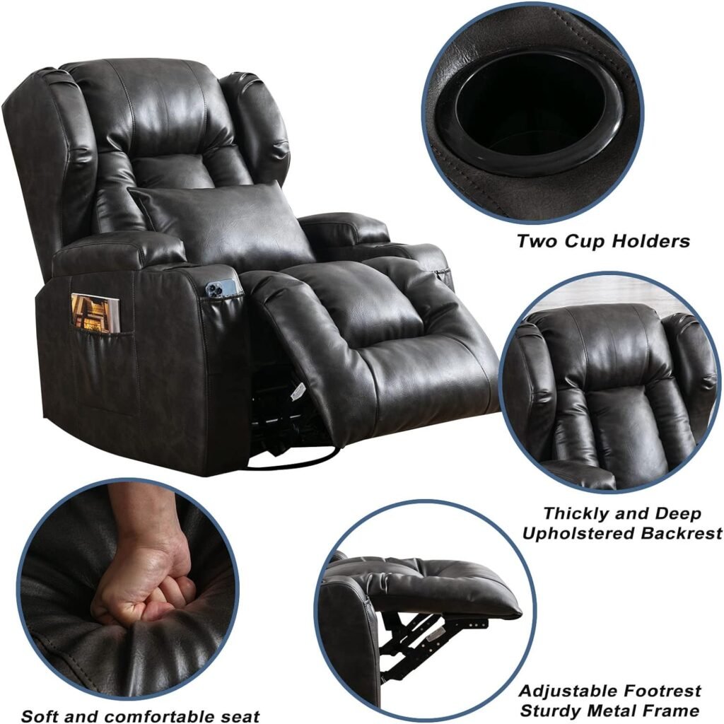 VUYUYU Manual Recliner Chair, Faux Leather 360 Degree Swivel Rocker Recliner Chairs for Living Room, Home Theater Single Sofa Seat with Drink Holders/Lumbar Pillow/Side Pockets (Black)