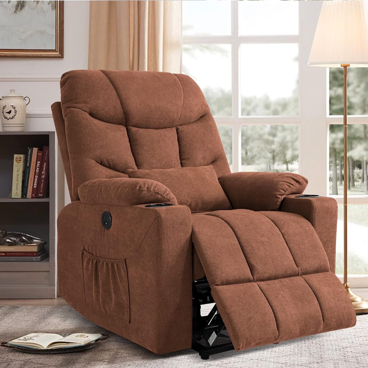VUYUYU Power Lift Chairs Recliners, Velvet Recliner Chair for Elderly, Heated Vibration Massage Sofa for Living Room, 3 Positions, 2 Pockets and 2 Cup Holders (Velvet-Brown)