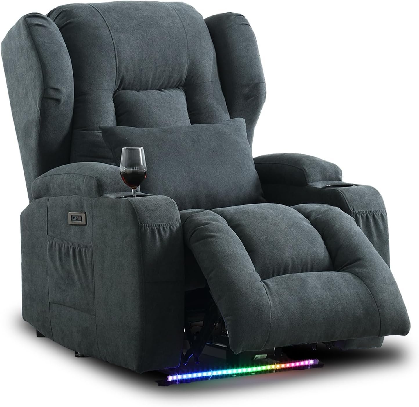 VUYUYU Power Recliner Chair with Heat and Massage, Linen Fabric Recliner Sofa Chairs for Living Room Home Theater Seating with LED Lights/Cup Holders/Side Pocket/USB Port/Infinite Position(Blue)