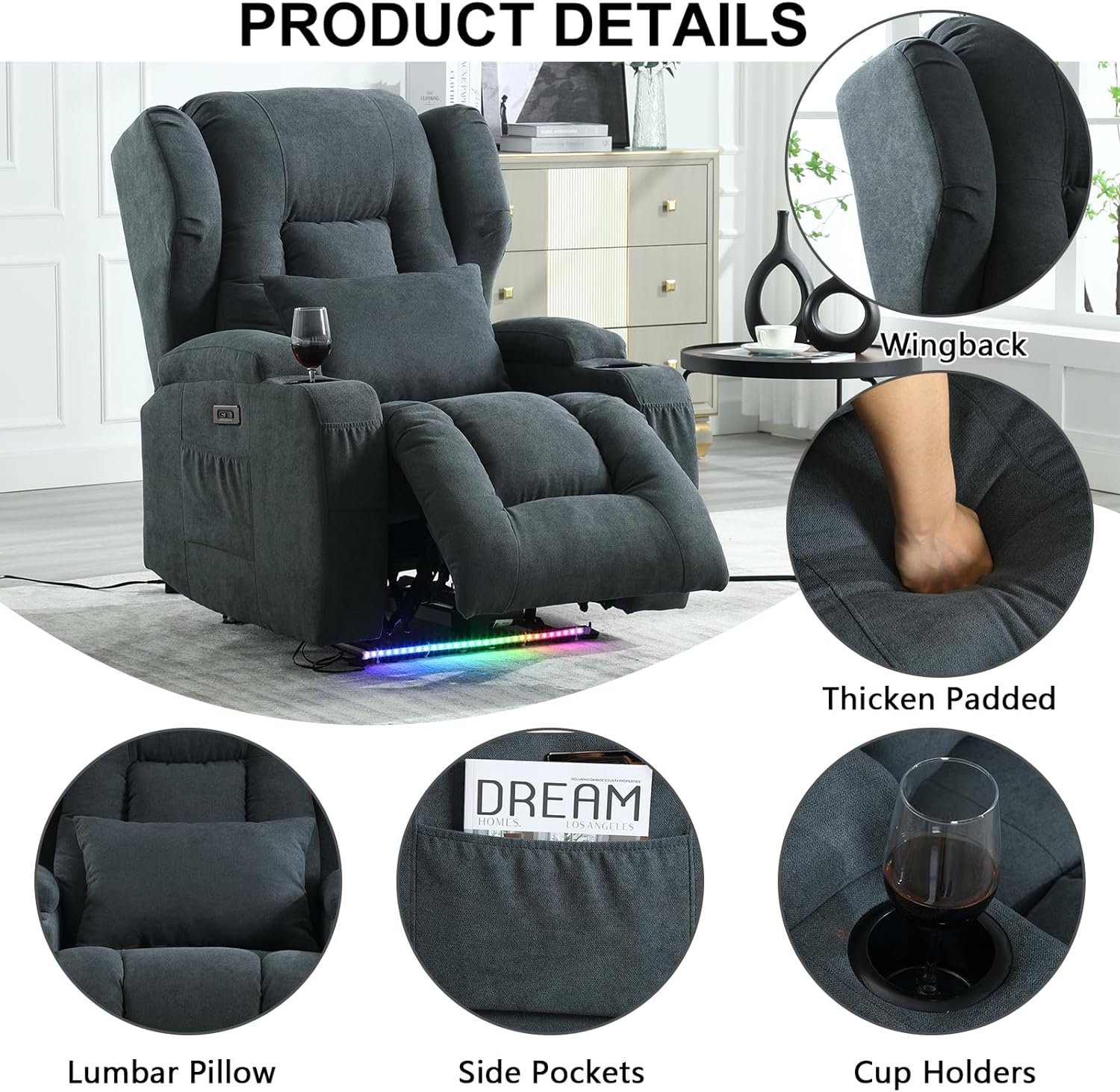 VUYUYU Power Recliner Chair with Heat and Massage, Linen Fabric Recliner Sofa Chairs for Living Room Home Theater Seating with LED Lights/Cup Holders/Side Pocket/USB Port/Infinite Position(Blue)