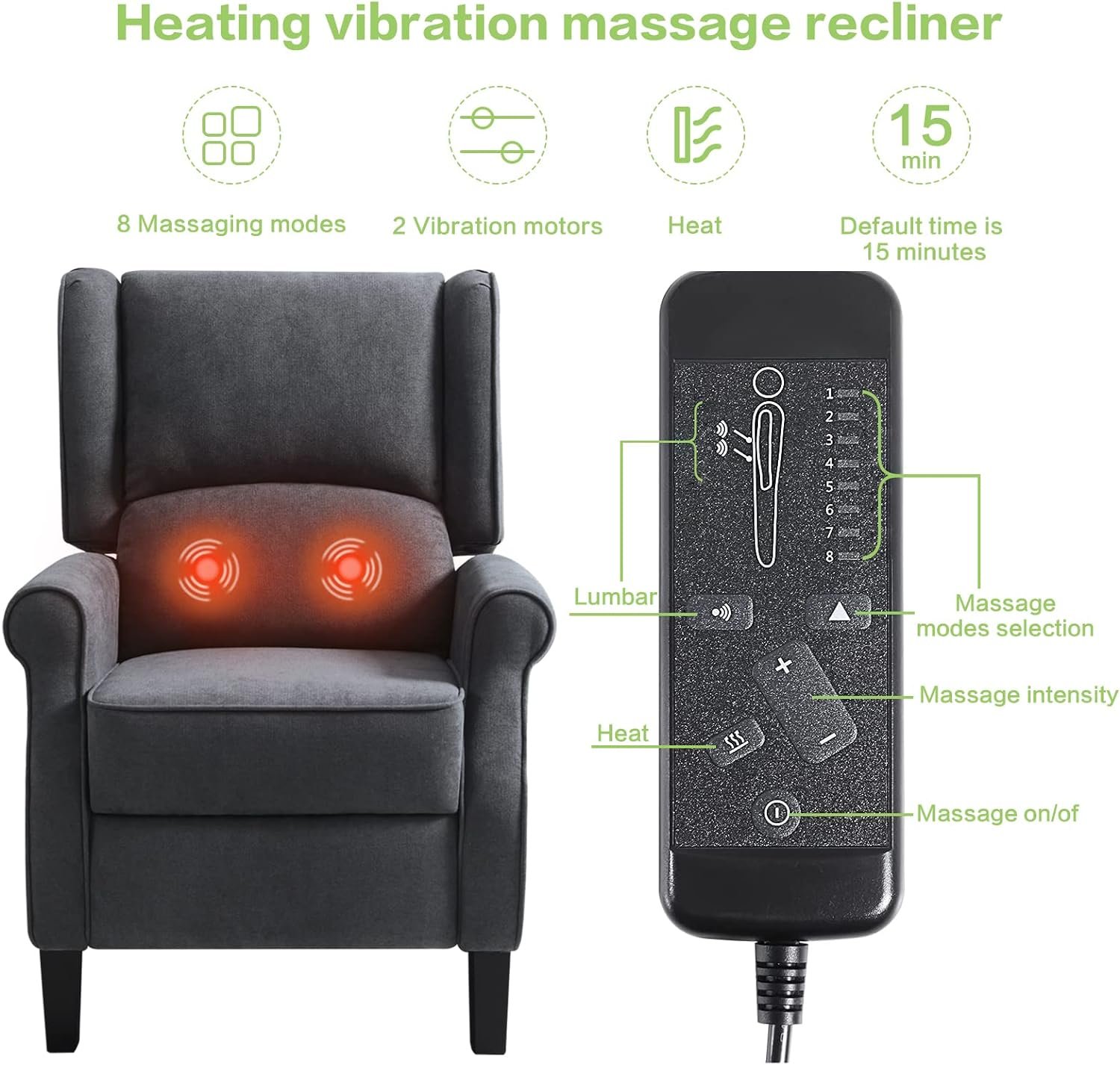 WARM HARBOR Fabric Wingback Recliner Chair for Living Room, Tufted Reading Chairs for Adults with Heat and Massage,Lazy Boy Recliners Chairs for Small Space,Lounge Chair(Grey)