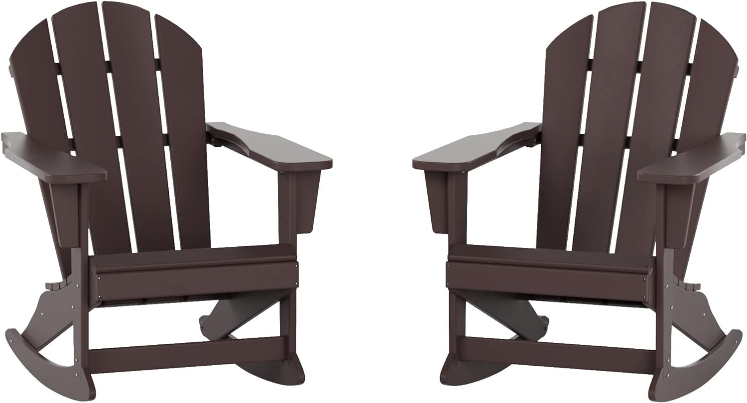 WestinTrends Malibu Outdoor Rocking Chair Set of 2, All Weather Resistant Poly Lumber Classic Porch Rocker Chair, 350 lbs Support Patio Lawn Plastic Adirondack Chair, Dark Brown