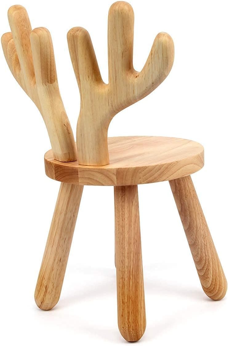 Wooden Toddler Chair, Naturally Finished Solid Hardwood,Kids Stool Chair, Handmade, for Playroom, Nursery, Preschool, Bedroom, Kindergarten Eating, Reading, Playing, Boys Girls Age 2+ (1, Deer Horn)