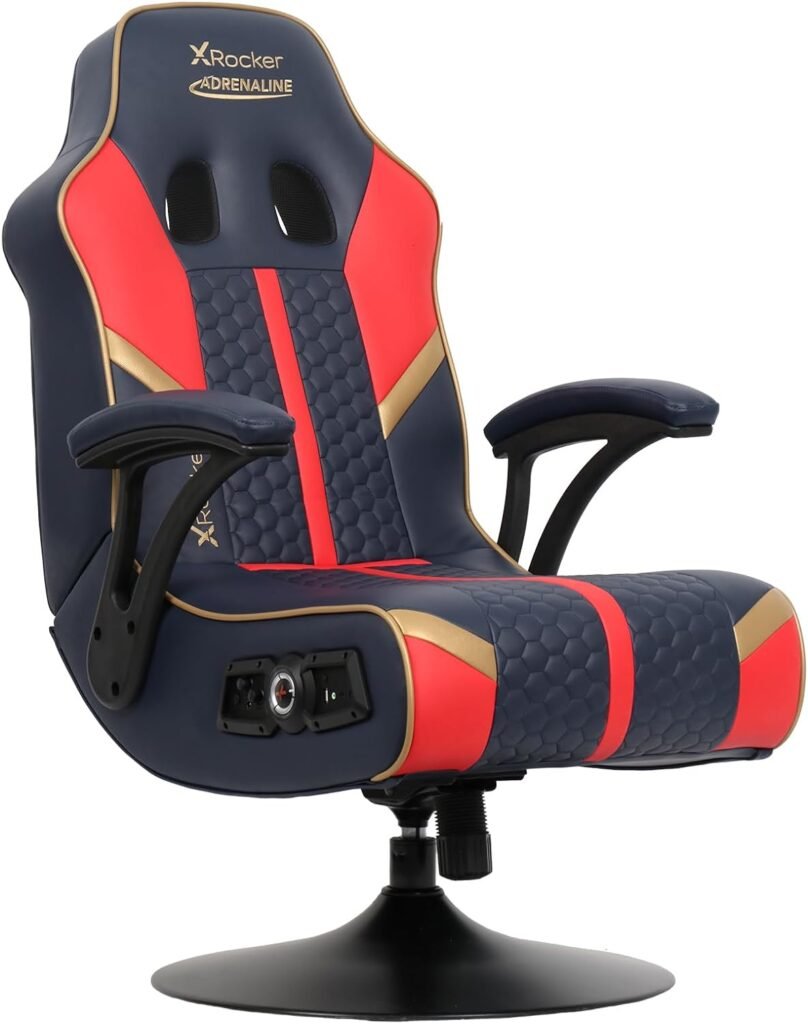 X Rocker Adrenaline Pedestal PC Gaming Chair, Integrated Audio, Subwoofer and Sound-Reactive Vibration Experience, Swivel, 5112201, 34.2 x 23.6 x 40.55, Vegan Leather Red and Black