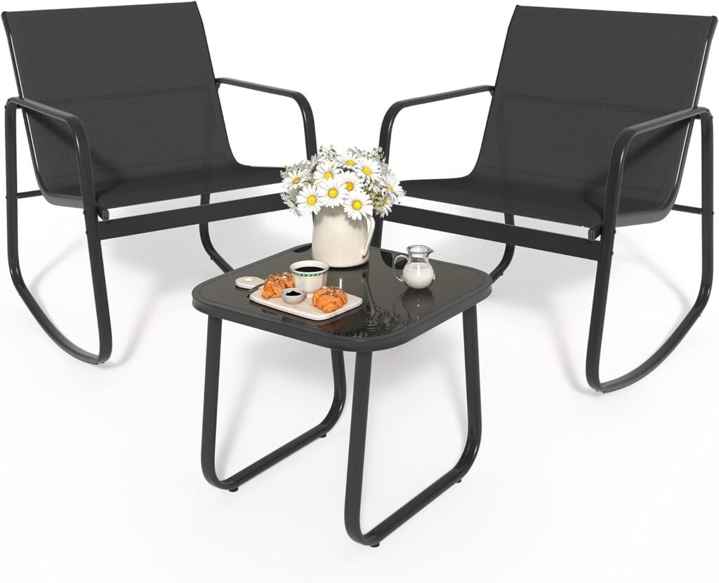 YITAHOME 3 Piece Patio Furniture Set with Rocking Bistro Chairs and Glass Table, Textilene Fabric Small Outdoor Conversation Furniture Set for Backyard, Lawn, Garden, Balcony, Poolside (Black)