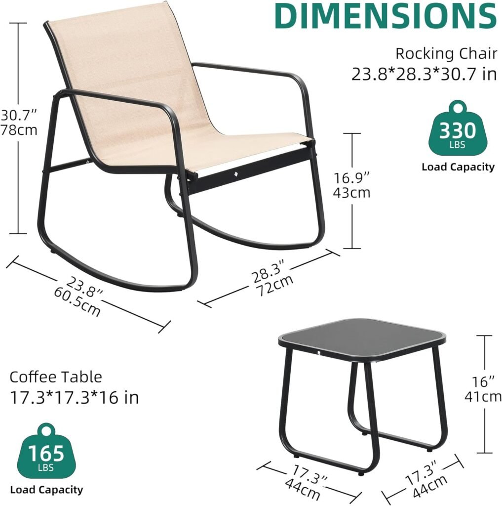 YITAHOME 3 Piece Patio Furniture Set with Rocking Bistro Chairs and Glass Table, Textilene Fabric Small Outdoor Conversation Furniture Set for Backyard, Lawn, Garden, Balcony, Poolside (Black)
